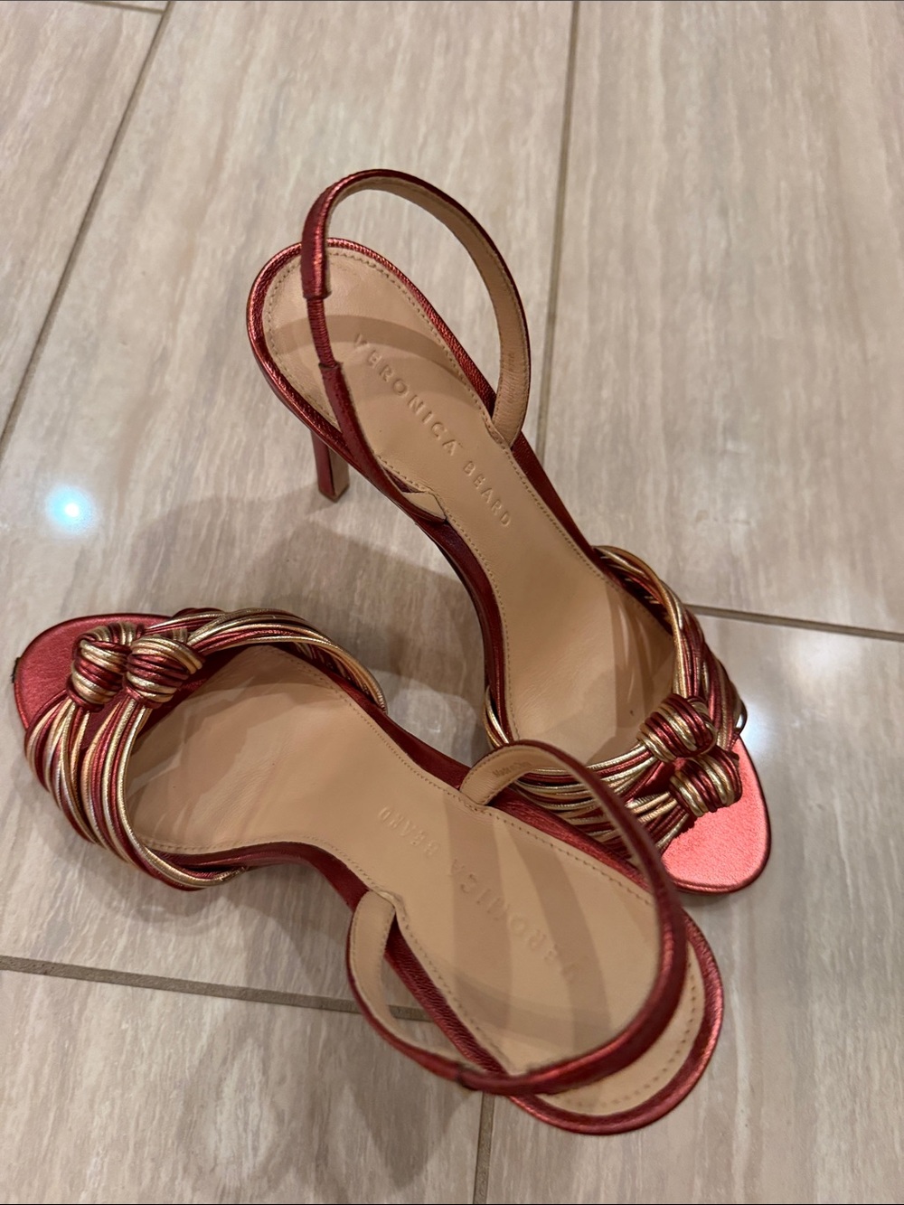 Veronica Beard Metallic Red & Gold Knotted Strap Heels - Picture 13 of 13